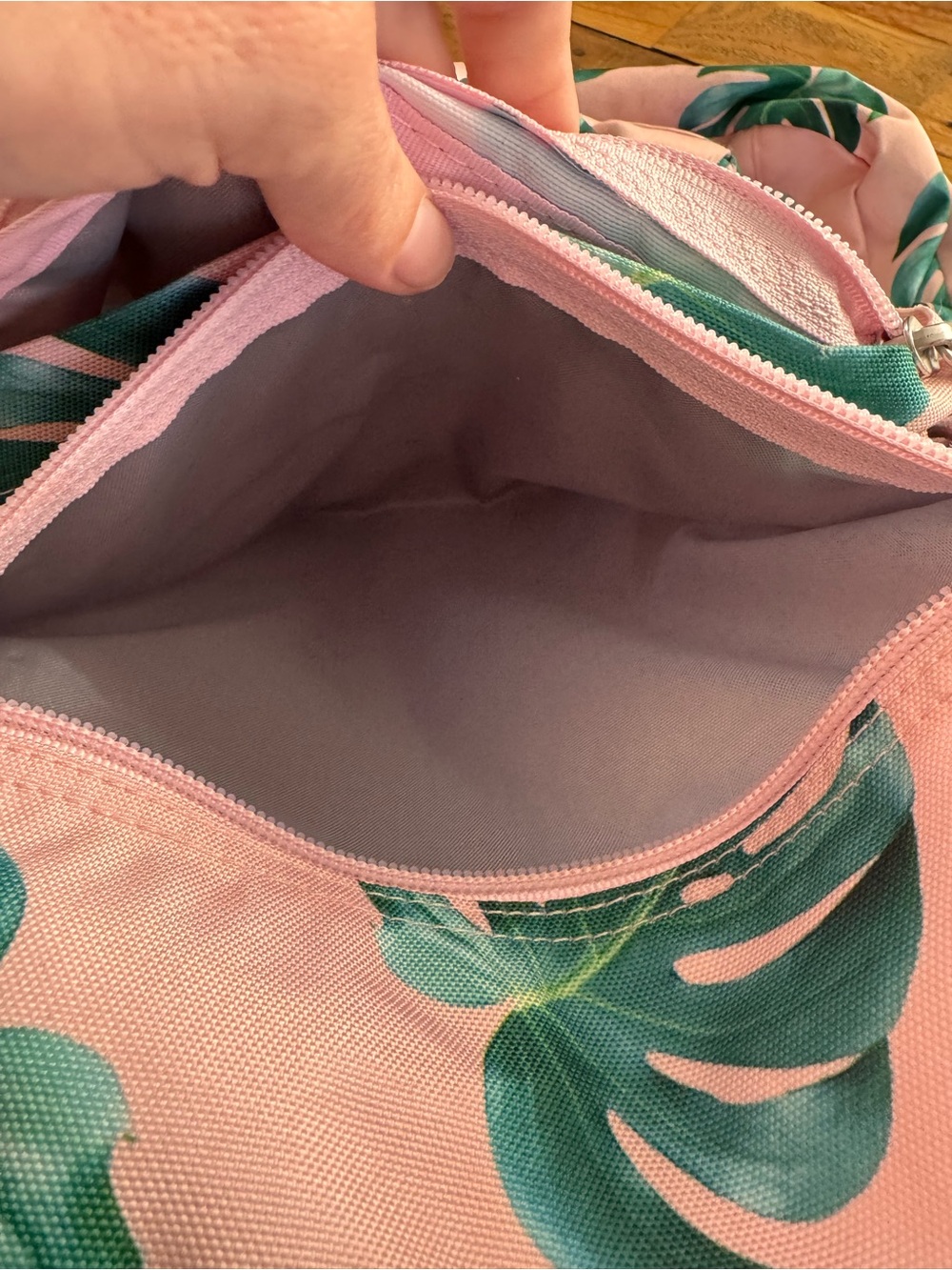 Jansport Pink Backpack with Green Tropical Leaf Print - Picture 4 of 13